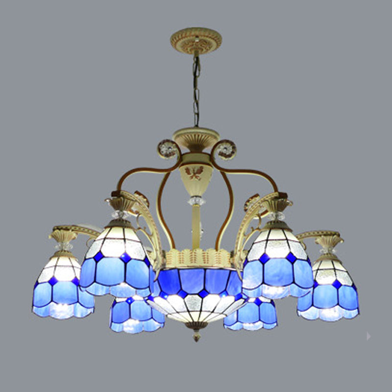 Cut Glass Orange/Blue/Dark Blue Hanging Chandelier Domed 8/11 Lights Tiffany Style Pendant Light Kit, 31.5"/37.5" Wide Dark Blue 31.5" Clearhalo 'Ceiling Lights' 'Chandeliers' 'Close To Ceiling Lights' 'Industrial' 'Middle Century Chandeliers' 'Tiffany Chandeliers' 'Tiffany close to ceiling' 'Tiffany' Lighting' 295888