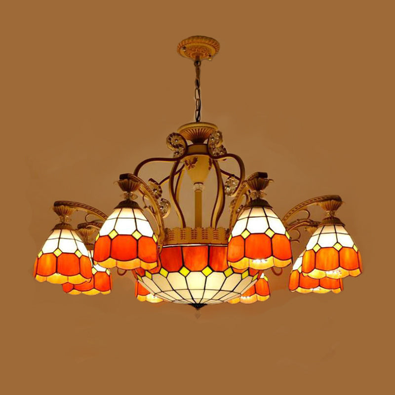 Cut Glass Orange/Blue/Dark Blue Hanging Chandelier Domed 8/11 Lights Tiffany Style Pendant Light Kit, 31.5"/37.5" Wide Clearhalo 'Ceiling Lights' 'Chandeliers' 'Close To Ceiling Lights' 'Industrial' 'Middle Century Chandeliers' 'Tiffany Chandeliers' 'Tiffany close to ceiling' 'Tiffany' Lighting' 295897