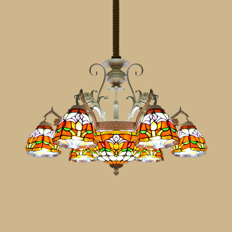 Dome Chandelier 9/11 Lights Stained Glass Mediterranean Hanging Pendant Light in Distressed White Clearhalo 'Ceiling Lights' 'Chandeliers' 'Close To Ceiling Lights' 'Industrial' 'Middle Century Chandeliers' 'Tiffany Chandeliers' 'Tiffany close to ceiling' 'Tiffany' Lighting' 295960