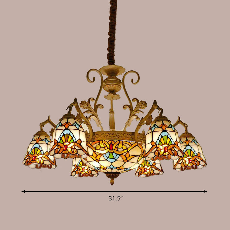 Flower Chandelier Light Tiffany Stained Glass 9/11 Lights White and Gold Suspension Lighting Clearhalo 'Ceiling Lights' 'Chandeliers' 'Industrial' 'Middle Century Chandeliers' 'Tiffany Chandeliers' 'Tiffany close to ceiling' 'Tiffany' Lighting' 295968