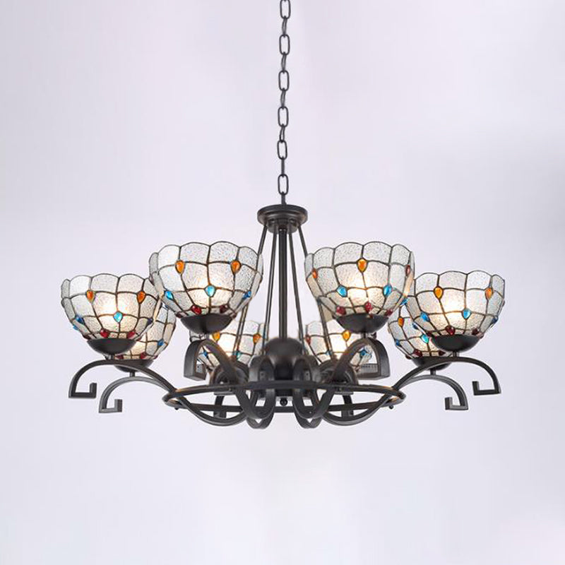 Tiffany Gem/Pearl/Magnolia Chandelier Light 3/6/8 Lights Frosted Glass Suspension Lighting Fixture in Black, 25"/29"/36.5" W Black 36.5" Pearl Clearhalo 'Ceiling Lights' 'Chandeliers' 'Industrial' 'Middle Century Chandeliers' 'Tiffany Chandeliers' 'Tiffany close to ceiling' 'Tiffany' Lighting' 296023