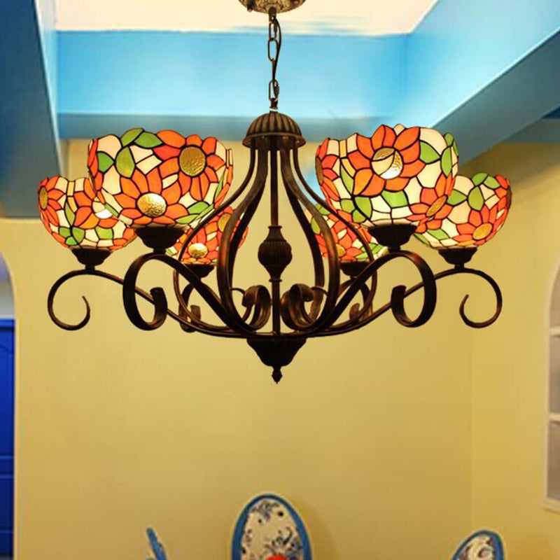 Stained Glass Antique Brass Chandelier Light Fixture Sunflower 3/6/8 Lights Tiffany Style Drop Pendant, 25.5"/34"/37.5" W Antique Brass 34" Clearhalo 'Ceiling Lights' 'Chandeliers' 'Industrial' 'Middle Century Chandeliers' 'Tiffany Chandeliers' 'Tiffany close to ceiling' 'Tiffany' Lighting' 296103