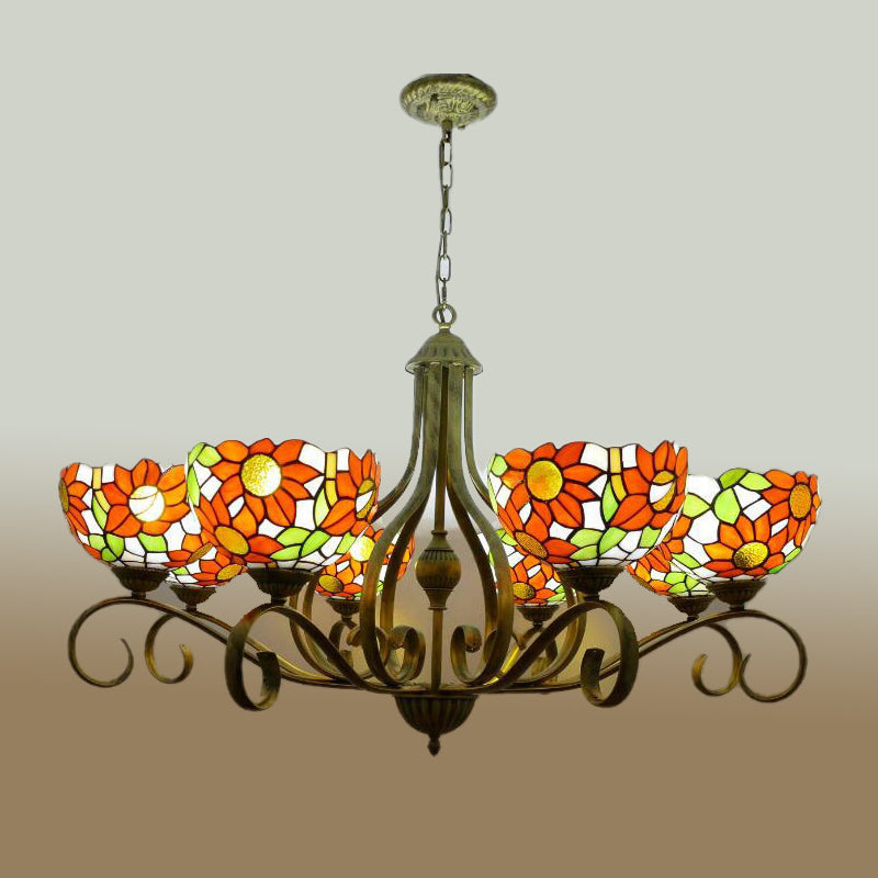 Stained Glass Antique Brass Chandelier Light Fixture Sunflower 3/6/8 Lights Tiffany Style Drop Pendant, 25.5"/34"/37.5" W Antique Brass 37.5" Clearhalo 'Ceiling Lights' 'Chandeliers' 'Industrial' 'Middle Century Chandeliers' 'Tiffany Chandeliers' 'Tiffany close to ceiling' 'Tiffany' Lighting' 296107