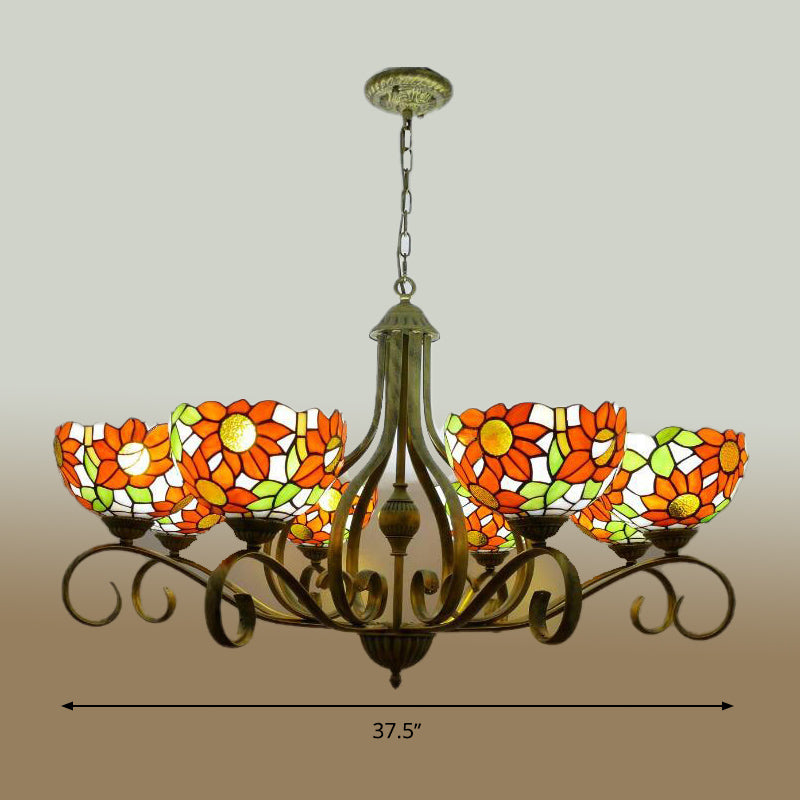 Stained Glass Antique Brass Chandelier Light Fixture Sunflower 3/6/8 Lights Tiffany Style Drop Pendant, 25.5"/34"/37.5" W Clearhalo 'Ceiling Lights' 'Chandeliers' 'Industrial' 'Middle Century Chandeliers' 'Tiffany Chandeliers' 'Tiffany close to ceiling' 'Tiffany' Lighting' 296108