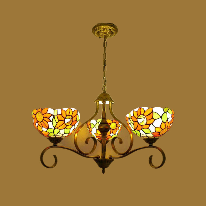 Stained Glass Antique Brass Chandelier Light Fixture Sunflower 3/6/8 Lights Tiffany Style Drop Pendant, 25.5"/34"/37.5" W Antique Brass 25.5" Clearhalo 'Ceiling Lights' 'Chandeliers' 'Industrial' 'Middle Century Chandeliers' 'Tiffany Chandeliers' 'Tiffany close to ceiling' 'Tiffany' Lighting' 296109