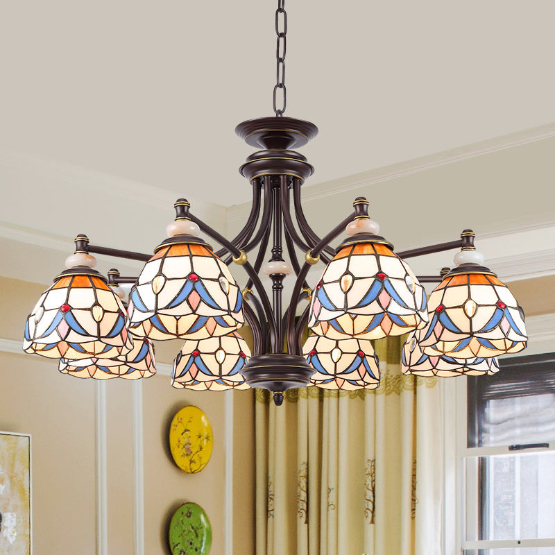 White/Clear Glass Domed Shade Chandelier Light Fixture Mediterranean 3/5/8 Lights Suspension Lamp 8 White Clearhalo 'Ceiling Lights' 'Chandeliers' 'Clear' 'Industrial' 'Middle Century Chandeliers' 'Modern' 'Tiffany Chandeliers' 'Tiffany close to ceiling' 'Tiffany' 'Traditional Chandeliers' Lighting' 296236