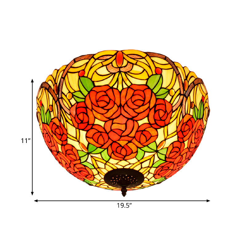 Tiffany Rose/Grape Flush Mount Lamp 5 Bulbs Stained Glass Close to Ceiling Lighting Fixture in Bronze Clearhalo 'Ceiling Lights' 'Close To Ceiling Lights' 'Close to ceiling' 'Flush mount' Lighting' 296287