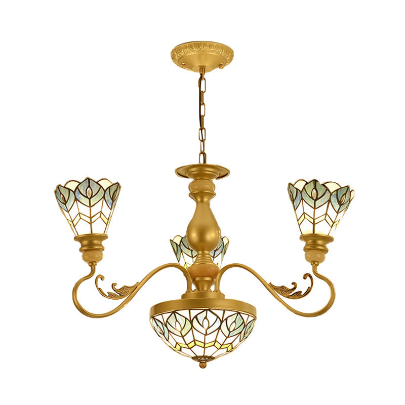 Tiffany Peacock Feather Chandelier Lighting 3/5/6 Lights Stained Glass Suspension Light in Gold for Living Room Clearhalo 'Ceiling Lights' 'Chandeliers' 'Close To Ceiling Lights' 'Industrial' 'Middle Century Chandeliers' 'Tiffany Chandeliers' 'Tiffany close to ceiling' 'Tiffany' Lighting' 296366