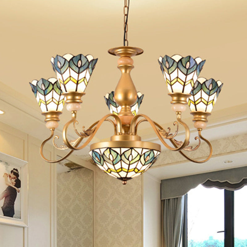 Tiffany Peacock Feather Chandelier Lighting 3/5/6 Lights Stained Glass Suspension Light in Gold for Living Room 5 Gold Clearhalo 'Ceiling Lights' 'Chandeliers' 'Close To Ceiling Lights' 'Industrial' 'Middle Century Chandeliers' 'Tiffany Chandeliers' 'Tiffany close to ceiling' 'Tiffany' Lighting' 296368