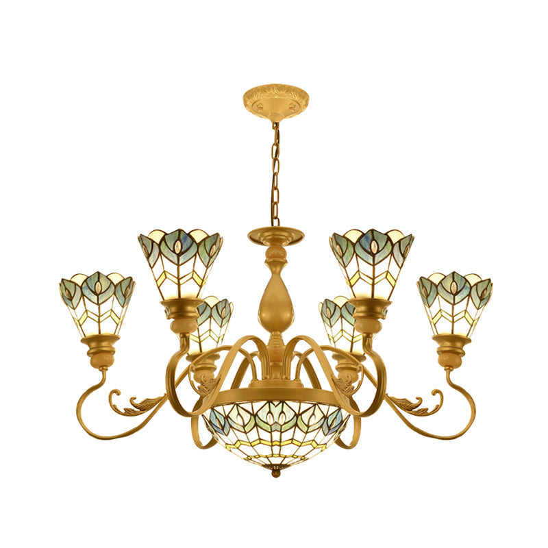 Tiffany Peacock Feather Chandelier Lighting 3/5/6 Lights Stained Glass Suspension Light in Gold for Living Room Clearhalo 'Ceiling Lights' 'Chandeliers' 'Close To Ceiling Lights' 'Industrial' 'Middle Century Chandeliers' 'Tiffany Chandeliers' 'Tiffany close to ceiling' 'Tiffany' Lighting' 296372