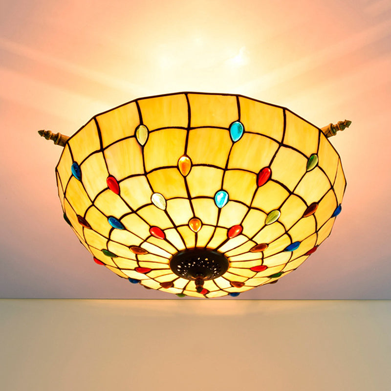 5 Heads Ceiling Lighting Tiffany Beaded Handcrafted Art Glass Semi Flush Mount Light Fixture in Brass, 21.5"/25.5" W Brass 21.5" Clearhalo 'Ceiling Lights' 'Chandeliers' 'Close To Ceiling Lights' 'Close to ceiling' 'Glass shade' 'Glass' 'Pendant Lights' 'Semi-flushmount' 'Tiffany close to ceiling' 'Tiffany' Lighting' 296438
