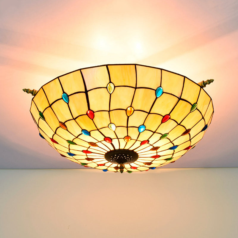 5 Heads Ceiling Lighting Tiffany Beaded Handcrafted Art Glass Semi Flush Mount Light Fixture in Brass, 21.5"/25.5" W Brass 25.5" Clearhalo 'Ceiling Lights' 'Chandeliers' 'Close To Ceiling Lights' 'Close to ceiling' 'Glass shade' 'Glass' 'Pendant Lights' 'Semi-flushmount' 'Tiffany close to ceiling' 'Tiffany' Lighting' 296443