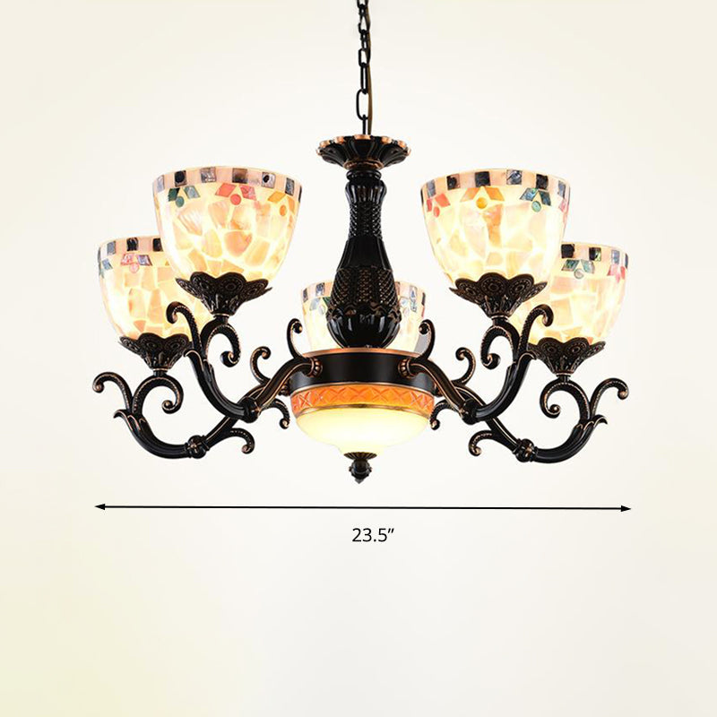 Stained Glass Mosaic Chandelier Lamp Tiffany 3/5/9 Lights Black Suspension Lighting Fixture for Living Room Clearhalo 'Ceiling Lights' 'Chandeliers' 'Close To Ceiling Lights' 'Industrial' 'Middle Century Chandeliers' 'Tiffany Chandeliers' 'Tiffany close to ceiling' 'Tiffany' Lighting' 296449