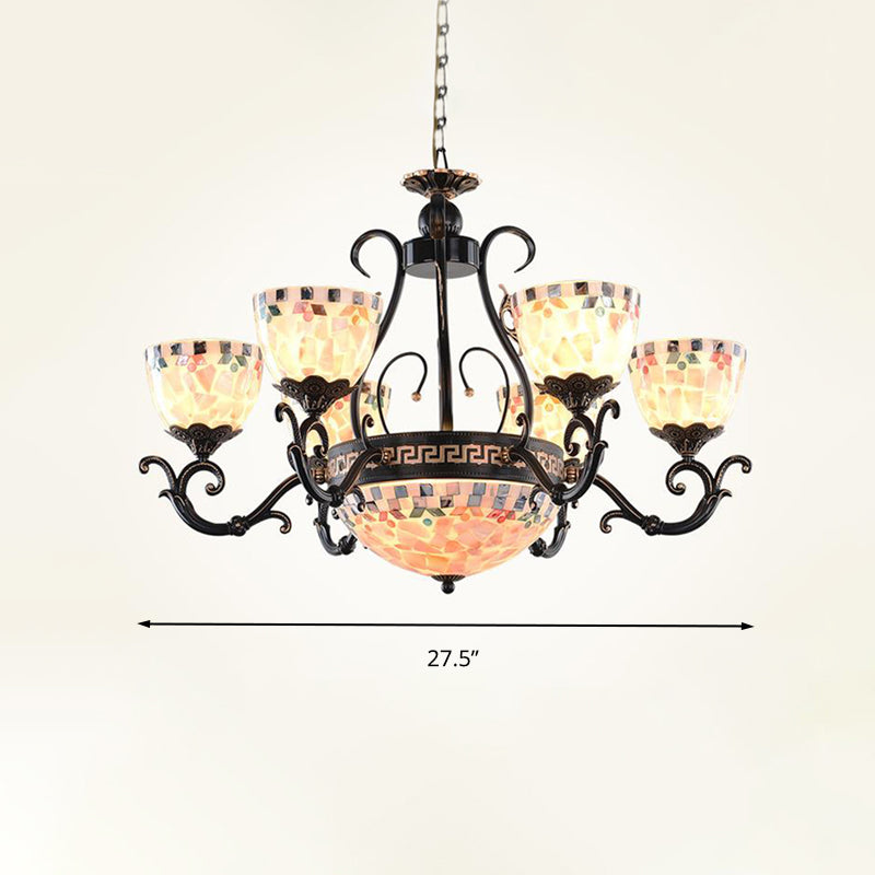 Stained Glass Mosaic Chandelier Lamp Tiffany 3/5/9 Lights Black Suspension Lighting Fixture for Living Room Clearhalo 'Ceiling Lights' 'Chandeliers' 'Close To Ceiling Lights' 'Industrial' 'Middle Century Chandeliers' 'Tiffany Chandeliers' 'Tiffany close to ceiling' 'Tiffany' Lighting' 296457