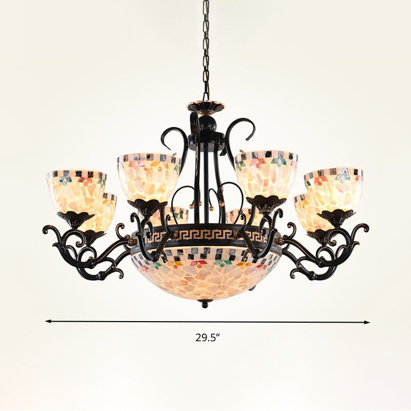 Stained Glass Mosaic Chandelier Lamp Tiffany 3/5/9 Lights Black Suspension Lighting Fixture for Living Room Clearhalo 'Ceiling Lights' 'Chandeliers' 'Close To Ceiling Lights' 'Industrial' 'Middle Century Chandeliers' 'Tiffany Chandeliers' 'Tiffany close to ceiling' 'Tiffany' Lighting' 296460