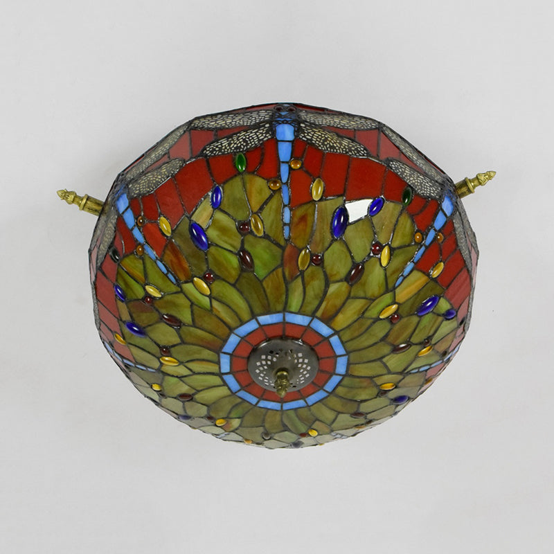 5 Lights Dragonfly Ceiling Lighting Tiffany Brass Stained Glass Semi Flush Mount Light, 21.5"/25.5" W Clearhalo 'Ceiling Lights' 'Chandeliers' 'Close To Ceiling Lights' 'Close to ceiling' 'Glass shade' 'Glass' 'Semi-flushmount' 'Tiffany close to ceiling' 'Tiffany' Lighting' 296570