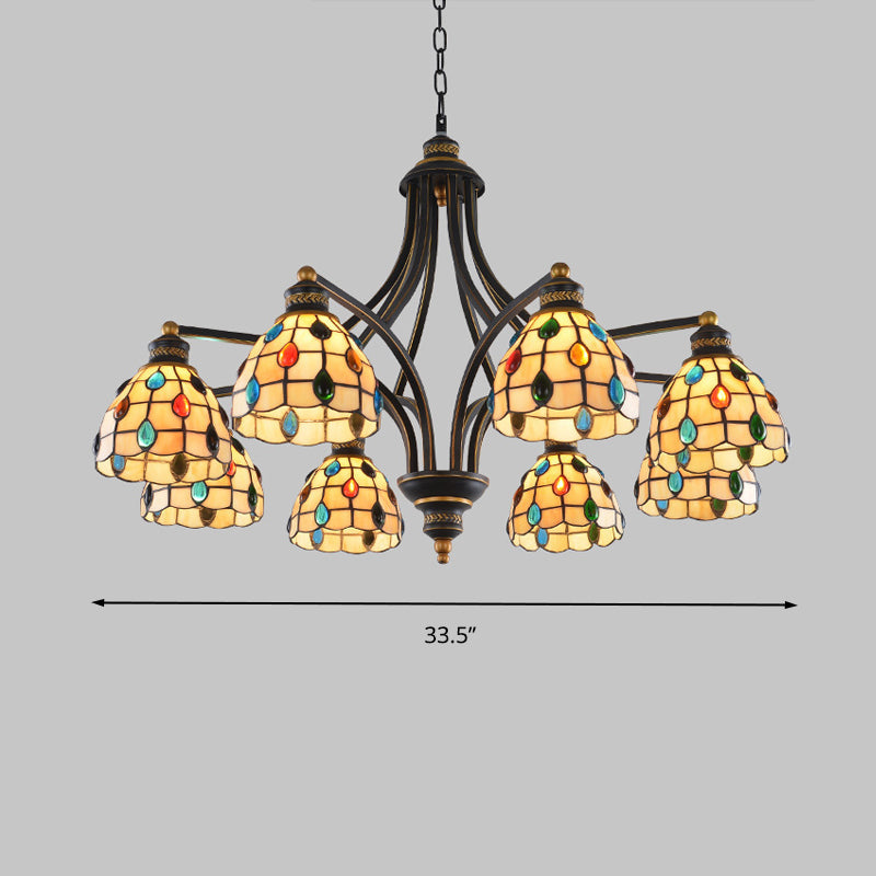 Beaded Chandelier Lighting Tiffany Style Stained Glass 3/6/8 Lights Black and Gold Ceiling Pendant Clearhalo 'Ceiling Lights' 'Chandeliers' 'Industrial' 'Middle Century Chandeliers' 'Tiffany Chandeliers' 'Tiffany close to ceiling' 'Tiffany' Lighting' 296630