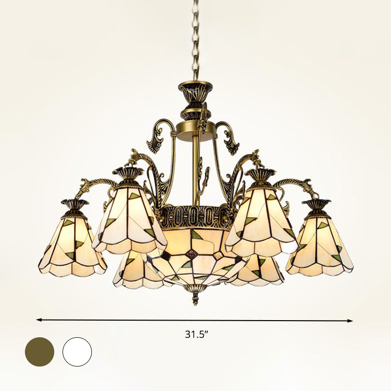 Stained Glass Conical Chandelier Light Fixture Mediterranean 3/5/11 Lights White/Antique Brass Ceiling Pendant Clearhalo 'Ceiling Lights' 'Chandeliers' 'Industrial' 'Middle Century Chandeliers' 'Tiffany Chandeliers' 'Tiffany close to ceiling' 'Tiffany' Lighting' 296708