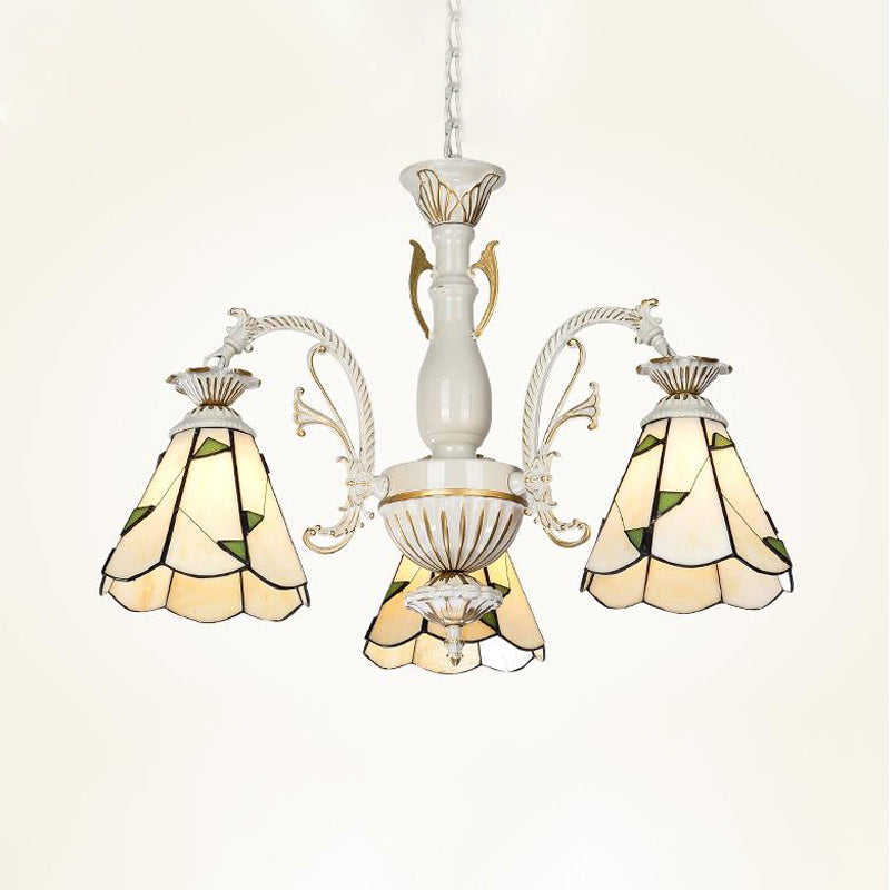 Stained Glass Conical Chandelier Light Fixture Mediterranean 3/5/11 Lights White/Antique Brass Ceiling Pendant 3 White Clearhalo 'Ceiling Lights' 'Chandeliers' 'Industrial' 'Middle Century Chandeliers' 'Tiffany Chandeliers' 'Tiffany close to ceiling' 'Tiffany' Lighting' 296712