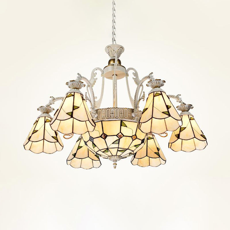 Stained Glass Conical Chandelier Light Fixture Mediterranean 3/5/11 Lights White/Antique Brass Ceiling Pendant Clearhalo 'Ceiling Lights' 'Chandeliers' 'Industrial' 'Middle Century Chandeliers' 'Tiffany Chandeliers' 'Tiffany close to ceiling' 'Tiffany' Lighting' 296716