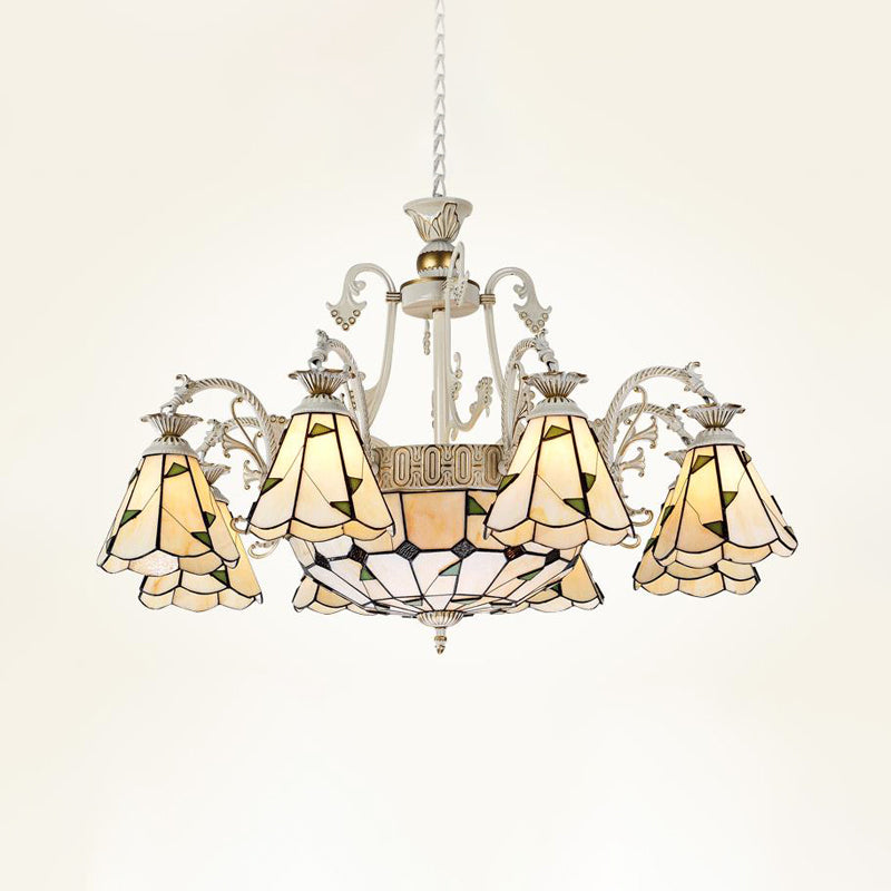 Stained Glass Conical Chandelier Light Fixture Mediterranean 3/5/11 Lights White/Antique Brass Ceiling Pendant 11 White Clearhalo 'Ceiling Lights' 'Chandeliers' 'Industrial' 'Middle Century Chandeliers' 'Tiffany Chandeliers' 'Tiffany close to ceiling' 'Tiffany' Lighting' 296717