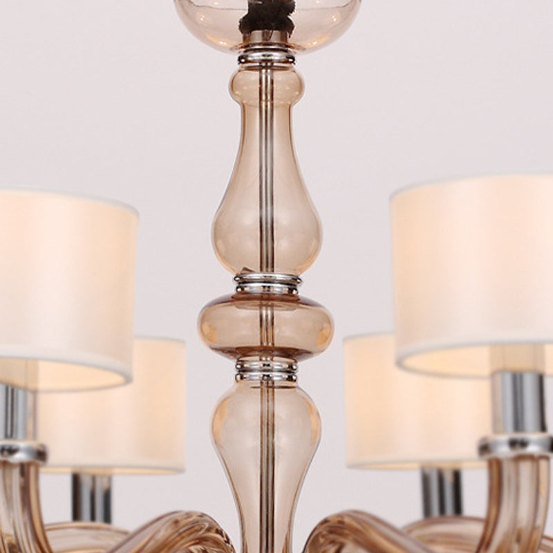 Traditionary Spuntik Chandelier Light 6/8/12 Heads Amber Glass Pendant Lamp Fixture with White Fabric Drum Shade Clearhalo 'Ceiling Lights' 'Chandeliers' 'Close To Ceiling Lights' 'Glass shade' 'Glass' Lighting' 296793