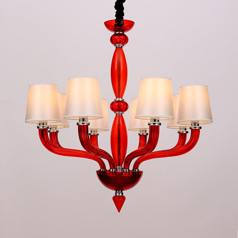 12 Bulbs Ceiling Chandelier Tradition Starburst White/Red/Blue Glass Hanging Pendant Light with Cone Fabric Shade Clearhalo 'Ceiling Lights' 'Chandeliers' Lighting' options 296826