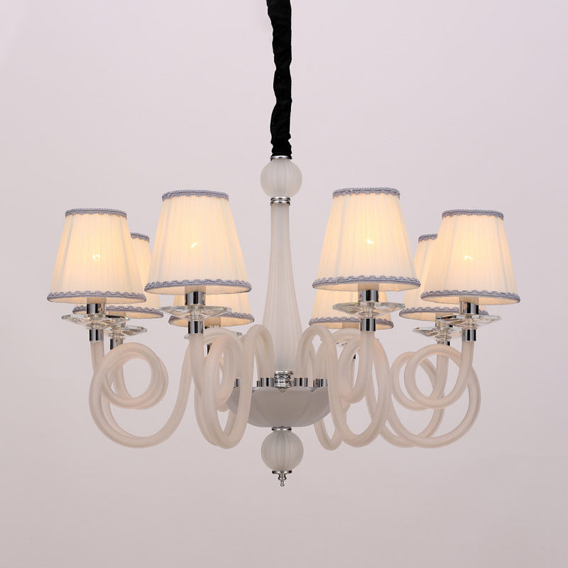 Vintage Swirled Arm Ceiling Chandelier 12 Lights Black/White/Red Glass Hanging Lamp Fixture with Cone Fabric Shade Clearhalo 'Ceiling Lights' 'Chandeliers' Lighting' options 296835