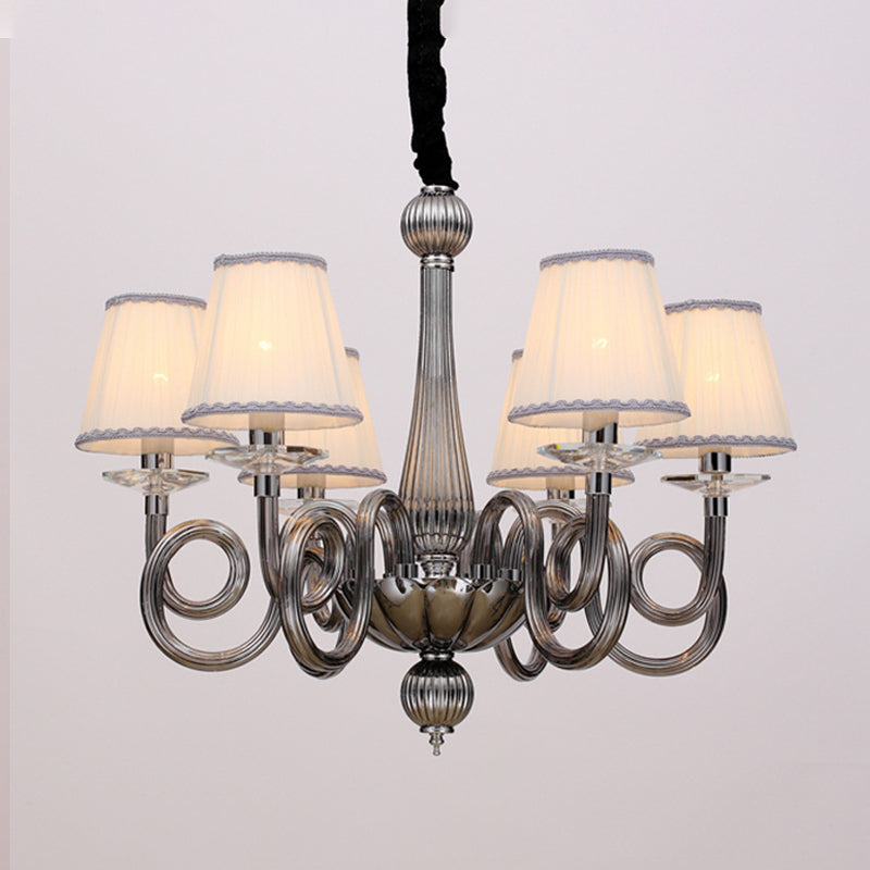 Vintage Swirled Arm Ceiling Chandelier 12 Lights Black/White/Red Glass Hanging Lamp Fixture with Cone Fabric Shade Clearhalo 'Ceiling Lights' 'Chandeliers' Lighting' options 296839