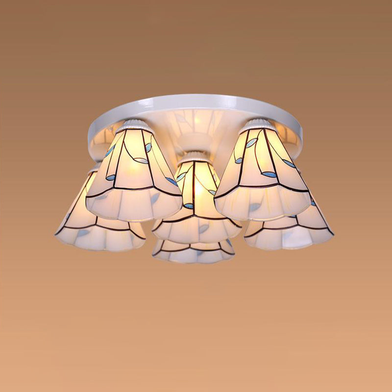 Leaf/Stripes Flush Mount Lighting 3/6 Lights Stained Glass Tiffany Ceiling Lamp in Blue for Living Room Clearhalo 'Ceiling Lights' 'Close To Ceiling Lights' 'Close to ceiling' 'Flush mount' Lighting' 296914