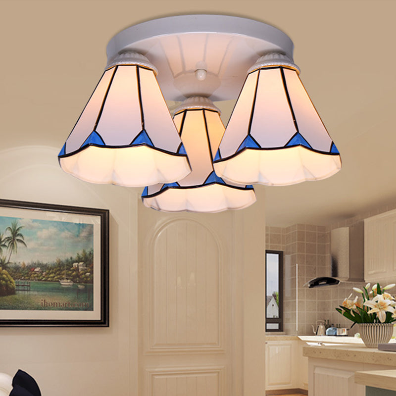 Leaf/Stripes Flush Mount Lighting 3/6 Lights Stained Glass Tiffany Ceiling Lamp in Blue for Living Room 3 Blue Striped Clearhalo 'Ceiling Lights' 'Close To Ceiling Lights' 'Close to ceiling' 'Flush mount' Lighting' 296923