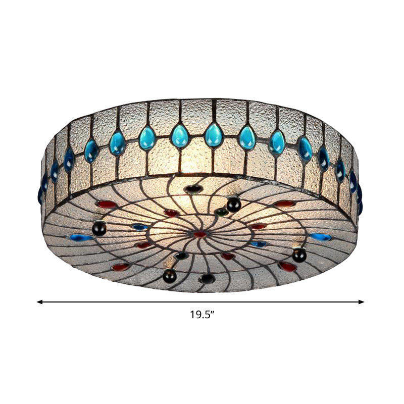 3 Lights 12"/16"/19.5" Wide Corridor Ceiling Flush Baroque Blue Flushmount with Drum Clear Bubble Glass Shade Clearhalo 'Ceiling Lights' 'Close To Ceiling Lights' 'Close to ceiling' 'Flush mount' Lighting' 297095