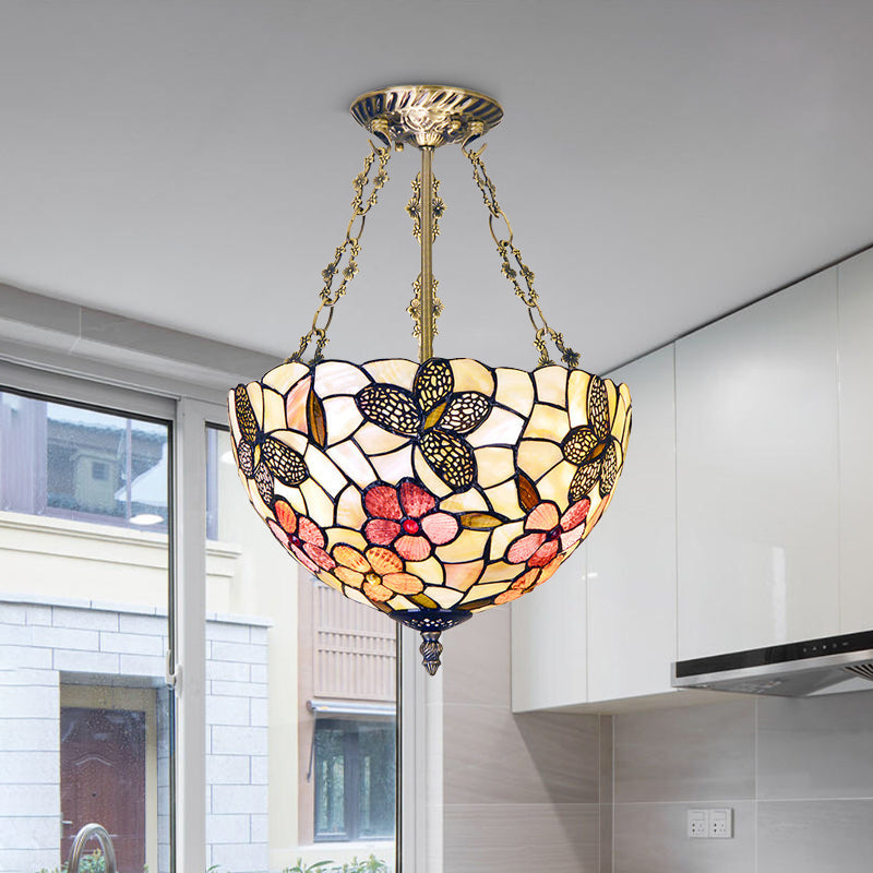 12"/16" W Flower Semi Mount Lighting 3 Lights Shell Victorian Ceiling Flush in Antique Brass with Dome Shade Antique Brass Clearhalo 'Ceiling Lights' 'Close To Ceiling Lights' 'Close to ceiling' 'Semi-flushmount' 'Tiffany close to ceiling' 'Tiffany' Lighting' 297114