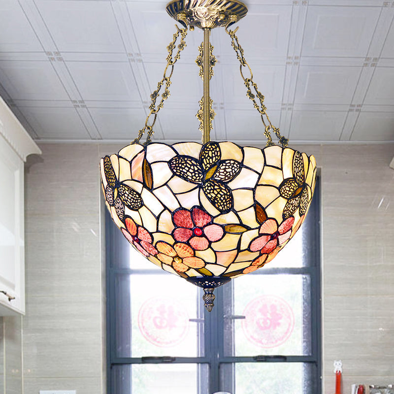 12"/16" W Flower Semi Mount Lighting 3 Lights Shell Victorian Ceiling Flush in Antique Brass with Dome Shade Clearhalo 'Ceiling Lights' 'Close To Ceiling Lights' 'Close to ceiling' 'Semi-flushmount' 'Tiffany close to ceiling' 'Tiffany' Lighting' 297115