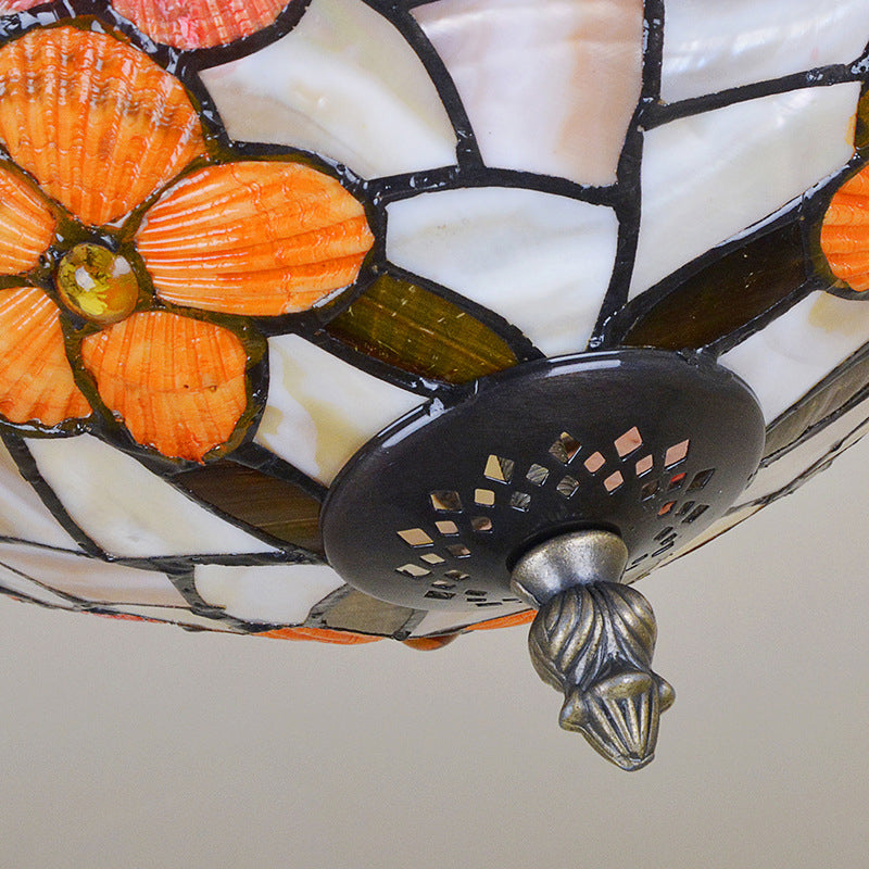 12"/16" W Flower Semi Mount Lighting 3 Lights Shell Victorian Ceiling Flush in Antique Brass with Dome Shade Clearhalo 'Ceiling Lights' 'Close To Ceiling Lights' 'Close to ceiling' 'Semi-flushmount' 'Tiffany close to ceiling' 'Tiffany' Lighting' 297120