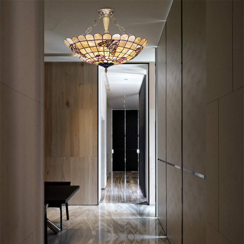 4 Lights Corridor Semi Flush Mount Light Tiffany Style Brass Ceiling Lighting with Butterfly/Rose/Fruit Shell Shade Clearhalo 'Ceiling Lights' 'Close To Ceiling Lights' 'Close to ceiling' 'Semi-flushmount' 'Tiffany close to ceiling' 'Tiffany' Lighting' 297129