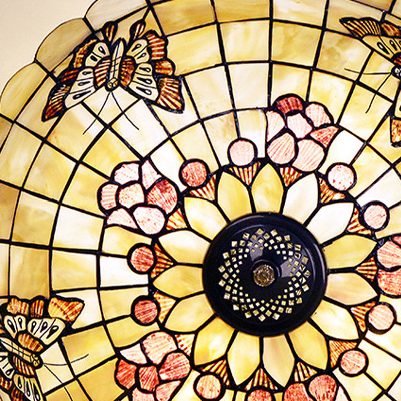 4 Lights Corridor Semi Flush Mount Light Tiffany Style Brass Ceiling Lighting with Butterfly/Rose/Fruit Shell Shade Clearhalo 'Ceiling Lights' 'Close To Ceiling Lights' 'Close to ceiling' 'Semi-flushmount' 'Tiffany close to ceiling' 'Tiffany' Lighting' 297132