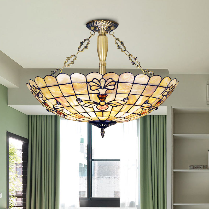 20.5"/21.5" Wide Shell Flower Ceiling Flush Mount Mediterranean 4 Lights Brass Semi Flush Light Brass 20.5" Clearhalo 'Ceiling Lights' 'Close To Ceiling Lights' 'Close to ceiling' 'Semi-flushmount' 'Tiffany close to ceiling' 'Tiffany' Lighting' 297161