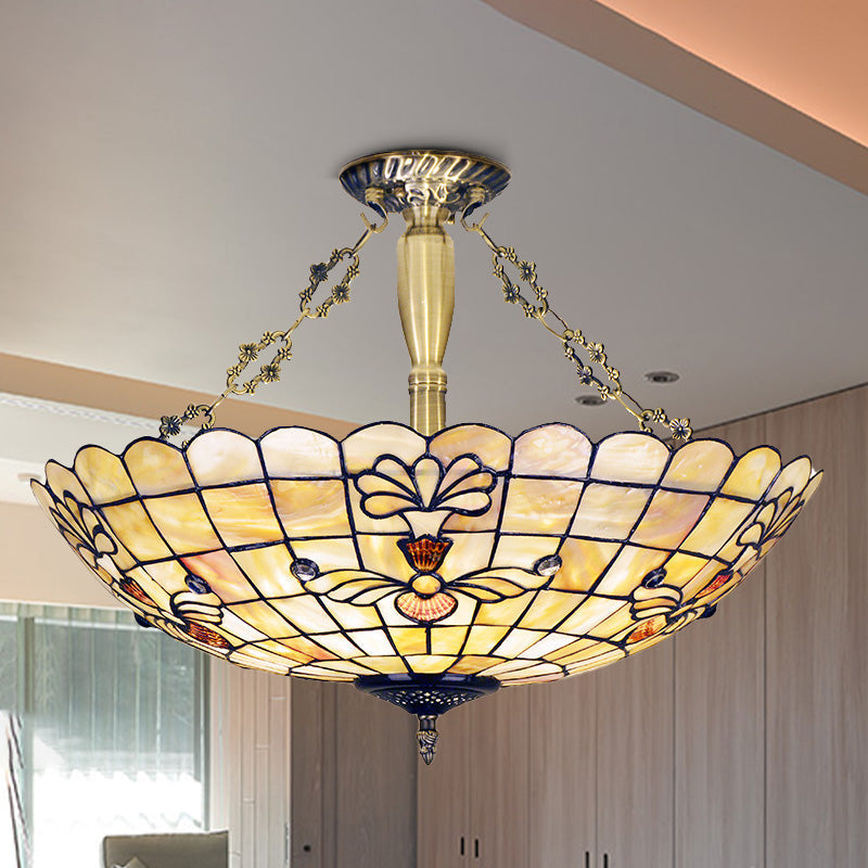 20.5"/21.5" Wide Shell Flower Ceiling Flush Mount Mediterranean 4 Lights Brass Semi Flush Light Clearhalo 'Ceiling Lights' 'Close To Ceiling Lights' 'Close to ceiling' 'Semi-flushmount' 'Tiffany close to ceiling' 'Tiffany' Lighting' 297162
