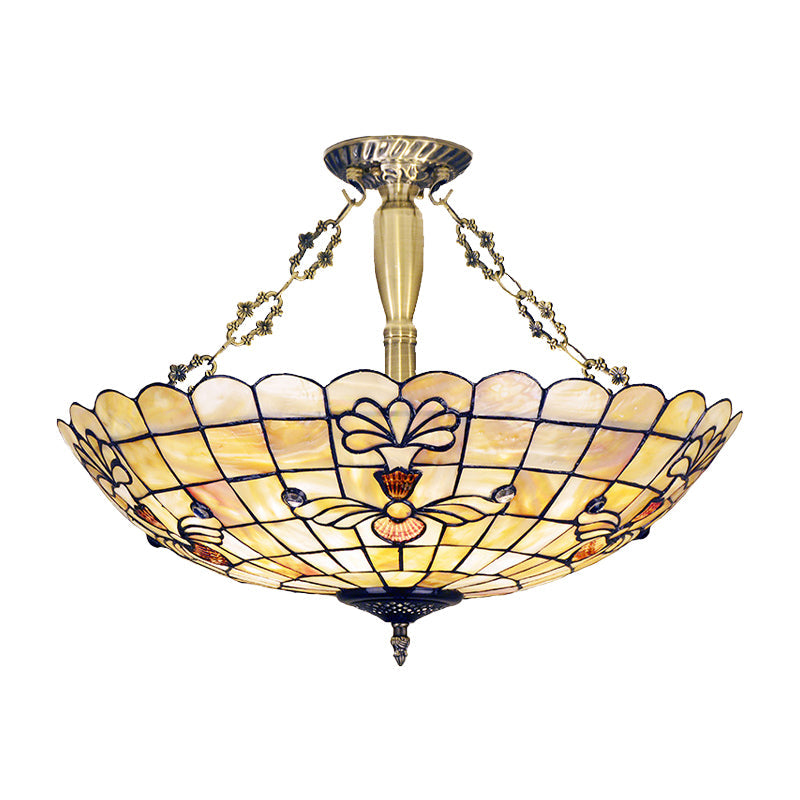 20.5"/21.5" Wide Shell Flower Ceiling Flush Mount Mediterranean 4 Lights Brass Semi Flush Light Clearhalo 'Ceiling Lights' 'Close To Ceiling Lights' 'Close to ceiling' 'Semi-flushmount' 'Tiffany close to ceiling' 'Tiffany' Lighting' 297164