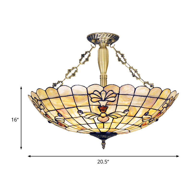 20.5"/21.5" Wide Shell Flower Ceiling Flush Mount Mediterranean 4 Lights Brass Semi Flush Light Clearhalo 'Ceiling Lights' 'Close To Ceiling Lights' 'Close to ceiling' 'Semi-flushmount' 'Tiffany close to ceiling' 'Tiffany' Lighting' 297165