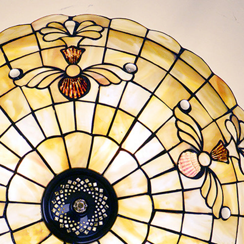 20.5"/21.5" Wide Shell Flower Ceiling Flush Mount Mediterranean 4 Lights Brass Semi Flush Light Clearhalo 'Ceiling Lights' 'Close To Ceiling Lights' 'Close to ceiling' 'Semi-flushmount' 'Tiffany close to ceiling' 'Tiffany' Lighting' 297166