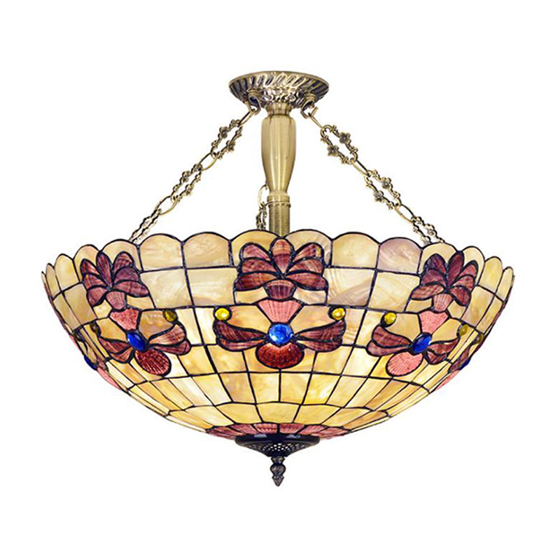 20.5"/21.5" Wide Shell Flower Ceiling Flush Mount Mediterranean 4 Lights Brass Semi Flush Light Brass 21.5" Clearhalo 'Ceiling Lights' 'Close To Ceiling Lights' 'Close to ceiling' 'Semi-flushmount' 'Tiffany close to ceiling' 'Tiffany' Lighting' 297167