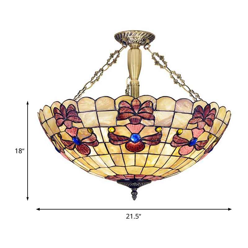20.5"/21.5" Wide Shell Flower Ceiling Flush Mount Mediterranean 4 Lights Brass Semi Flush Light Clearhalo 'Ceiling Lights' 'Close To Ceiling Lights' 'Close to ceiling' 'Semi-flushmount' 'Tiffany close to ceiling' 'Tiffany' Lighting' 297168