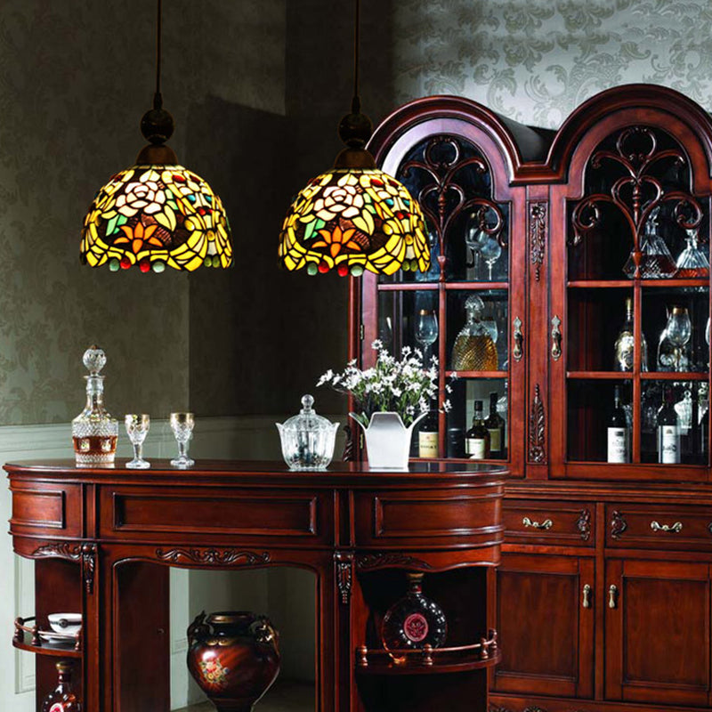 Pink/Yellow 1 Light Pendant Lighting Tiffany Style Stained Art Glass Blossom Ceiling Lamp Clearhalo 'Ceiling Lights' 'Industrial' 'Middle Century Pendants' 'Pendant Lights' 'Pendants' 'Tiffany close to ceiling' 'Tiffany Pendants' 'Tiffany' Lighting' 297329