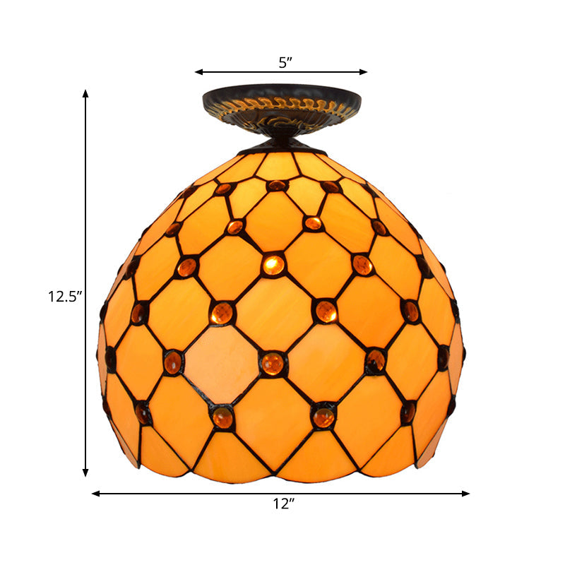 Jeweled Ceiling Flush Tiffany-Style Stained Art Glass 1 Head Bronze Flush Mount Light, 7.5"/8.5"/10" H Clearhalo 'Ceiling Lights' 'Close To Ceiling Lights' 'Close to ceiling' 'Flush mount' Lighting' 297416