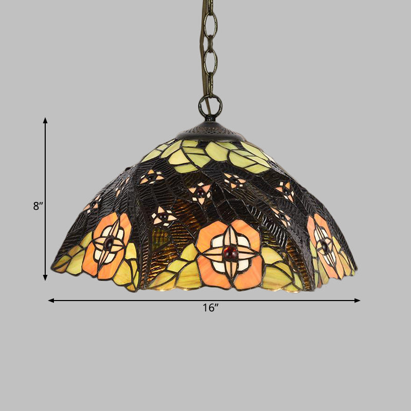 Flower/Cone Hanging Light Fixture 1 Light Stained Glass Mediterranean Pendant Lamp in Black Clearhalo 'Ceiling Lights' 'Close To Ceiling Lights' 'Industrial' 'Middle Century Pendants' 'Pendant Lights' 'Pendants' 'Tiffany close to ceiling' 'Tiffany Pendants' 'Tiffany' Lighting' 297441