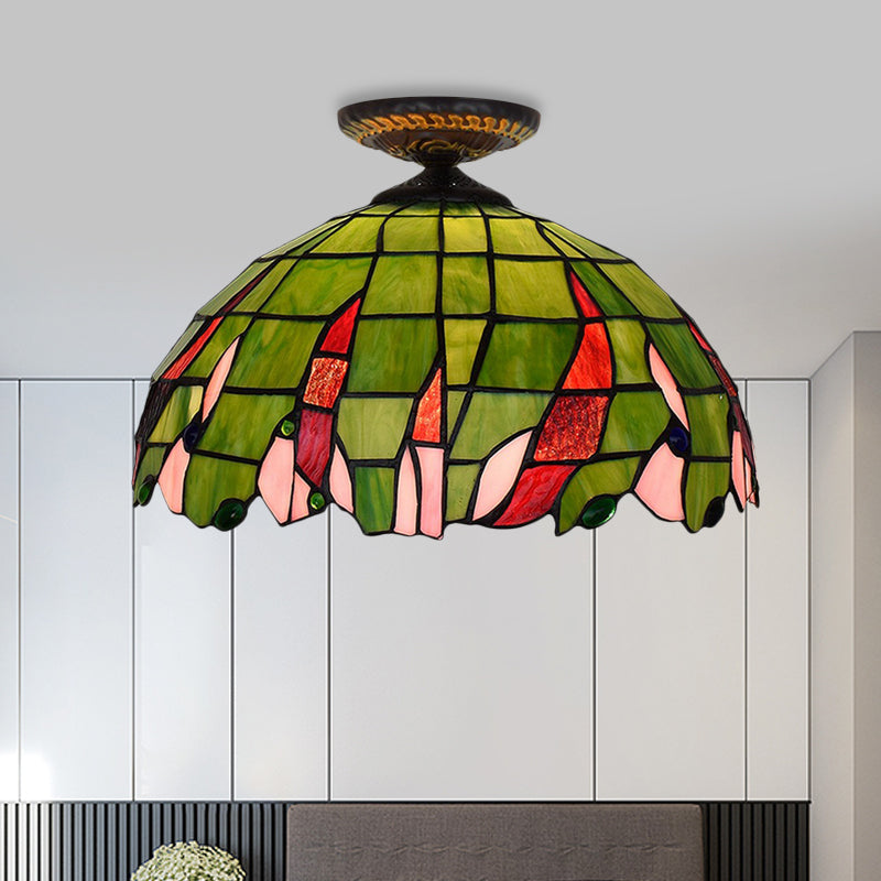 Hand Cut Glass Brass Ceiling Mount Bowl Single Bulb Tiffany-Style Flush Mount Ceiling Light Brass Clearhalo 'Ceiling Lights' 'Close To Ceiling Lights' 'Close to ceiling' 'Flush mount' Lighting' 297517