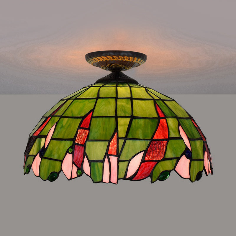 Hand Cut Glass Brass Ceiling Mount Bowl Single Bulb Tiffany-Style Flush Mount Ceiling Light Clearhalo 'Ceiling Lights' 'Close To Ceiling Lights' 'Close to ceiling' 'Flush mount' Lighting' 297518