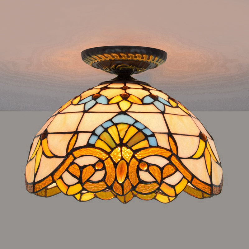 Yellow/Blue 1 Bulb Flush Mount Lighting Tiffany Hand Rolled Art Glass Floral Close to Ceiling Light, 12"/16" W Yellow 12" Clearhalo 'Ceiling Lights' 'Close To Ceiling Lights' 'Close to ceiling' 'Flush mount' Lighting' 297563